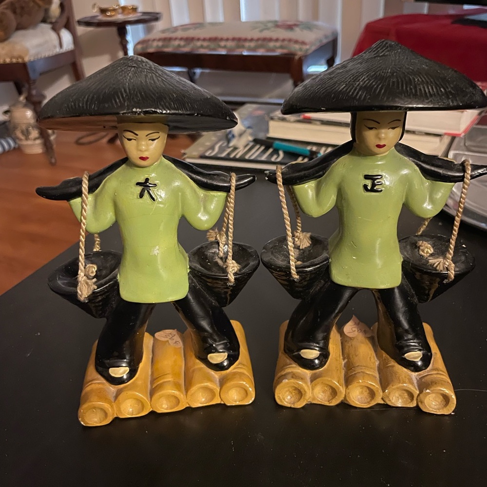 Vintage Man and Woman carrying Buckets of Water Figurines